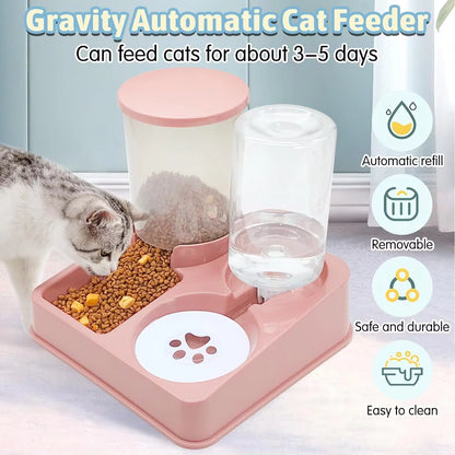 Automatic Cat Feeder and Water Dispenser Set - 2-in-1 Tilted Gravity Food and Water Feeder