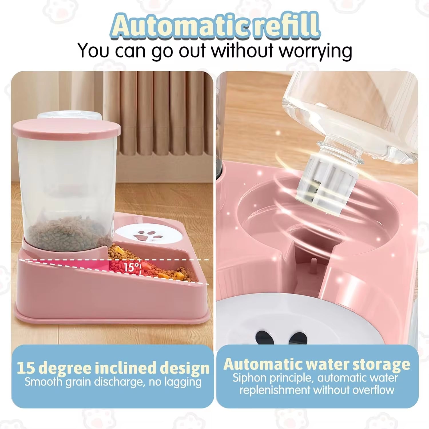 Automatic Cat Feeder and Water Dispenser Set - 2-in-1 Tilted Gravity Food and Water Feeder